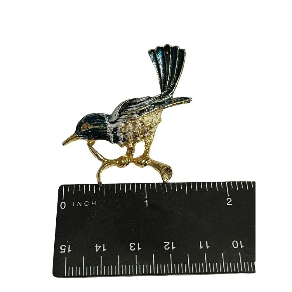 Gerry's Vintage Bird on Branch Brooch Pin‎ Gold Tone Enameled Blue White Read